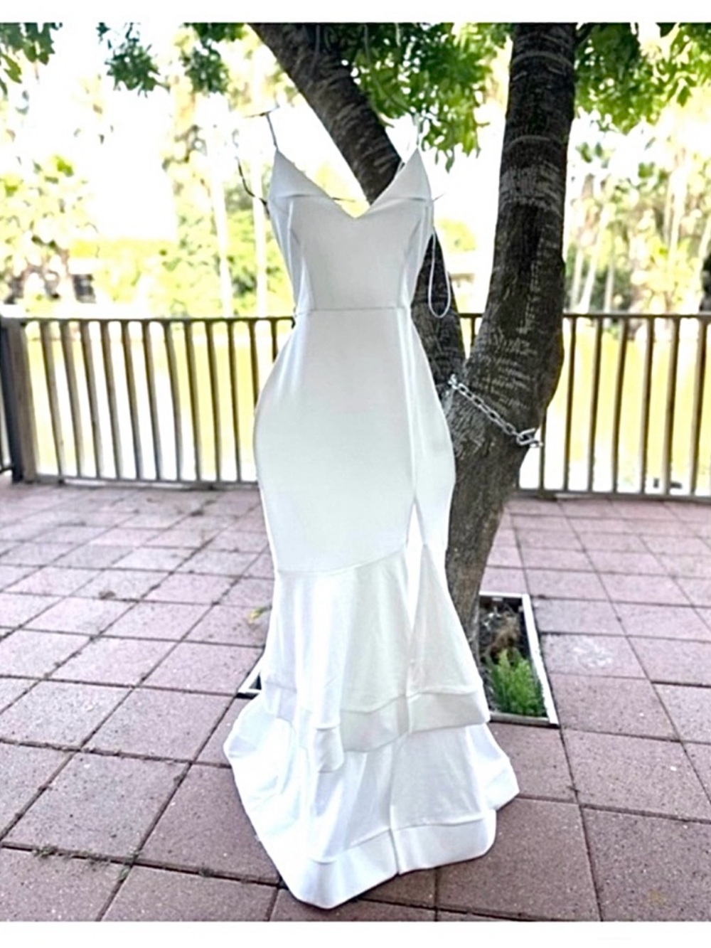 SYMPHONY ~ White Double Adjustable Spaghetti Strap Dress w/side Slit and Ruffles